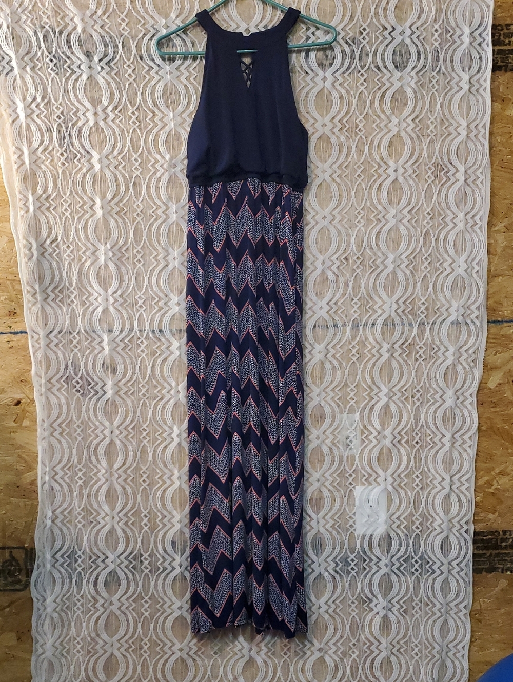 Three Hearts Navy and Pink Chevron Maxi Dress